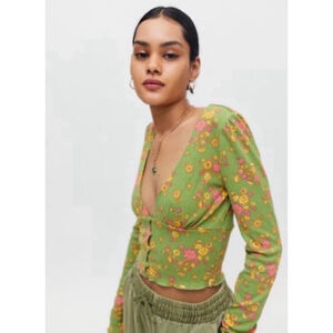 Women's Urban Outfitters Floral Print Long Sleeve Top Green/Pink Size XS Ruby